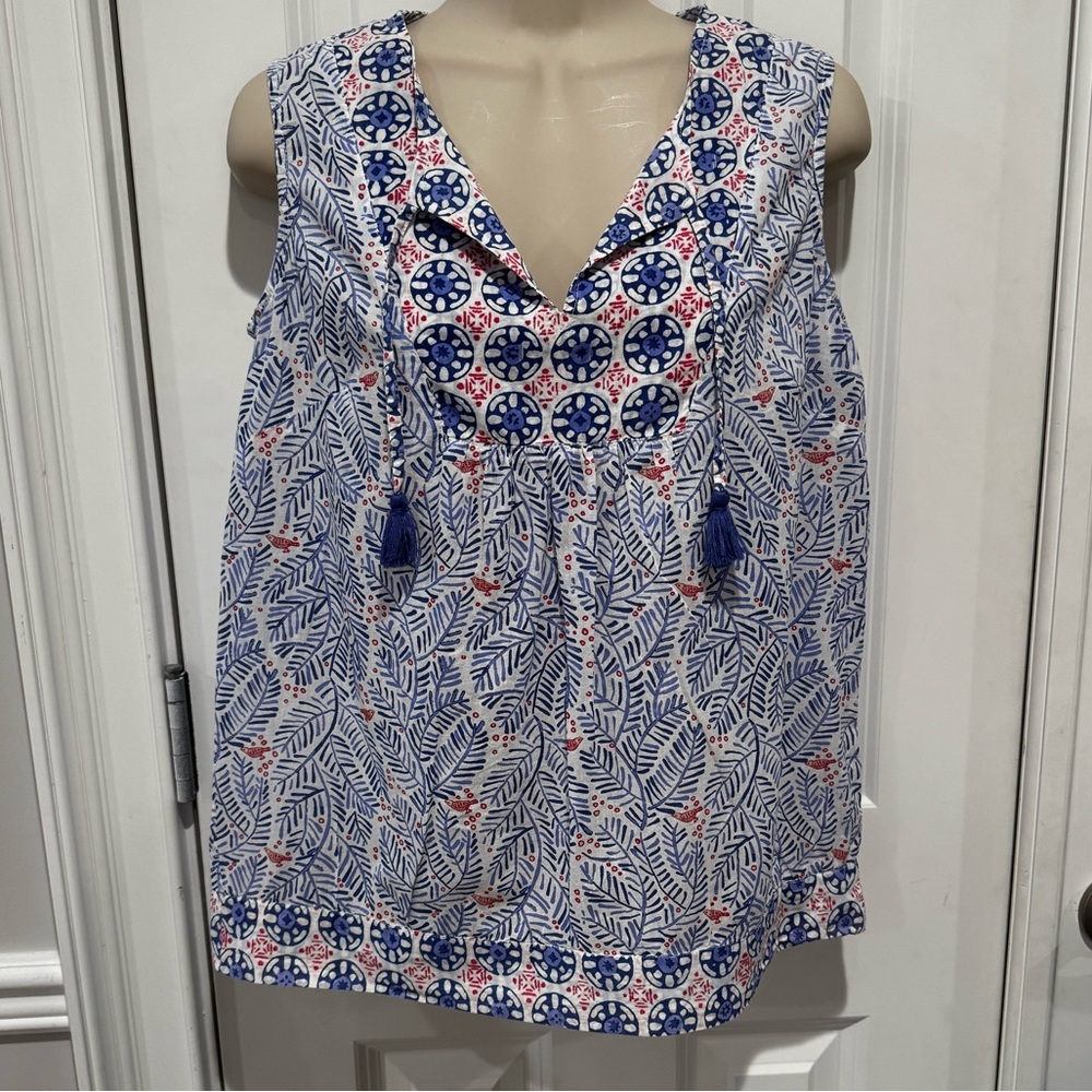 Pomegranate Voile Sleeveless Top Bird & Vine Coral Blue Sz S